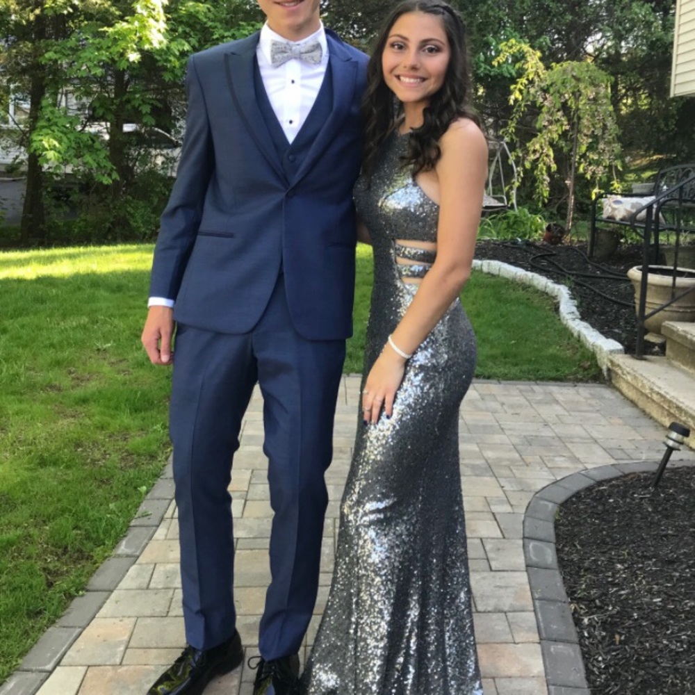Long silver Faviana prom dress